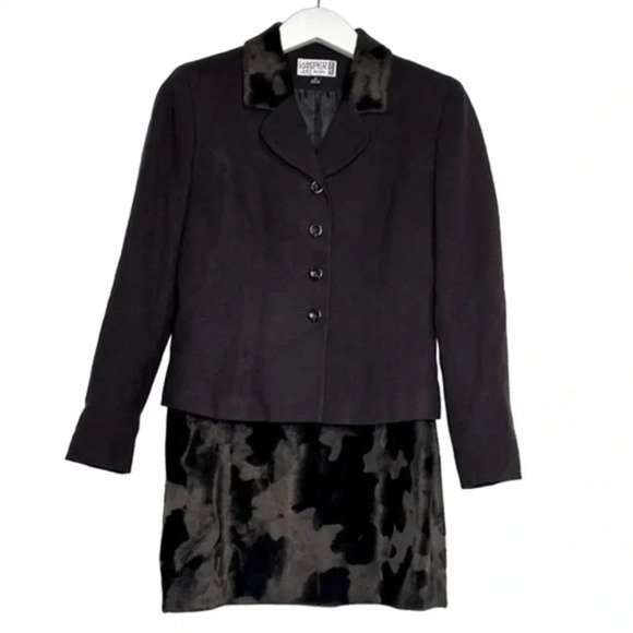 Kasper women’s 2P suit chocolate brown‎ patterned faux fur collar blazer + skirt - Picture 1 of 10